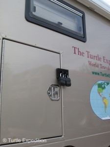 Smaller external storage compartments were emptied and put in labeled boxes in the camper for quick reloading. Larger compartments were double locked.