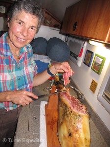 Monika is cutting some of her birthday Jamón Ibérica de Bellota ham for hors d’oeuvres. 