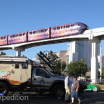 Early morning at SEMA is a quiet time. The colorful Las Vegas monorail zoomed overhead.