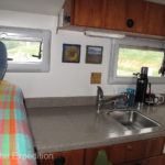 Because we do most of our own cooking on the road, a large work area in the kitchen was very important. One sink can be covered for even more working space.