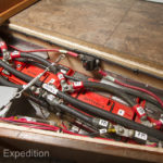 Our four Odyssey Extreme batteries positioned under the dinette behind the water storage tank to keep the center of gravity as low as possible.